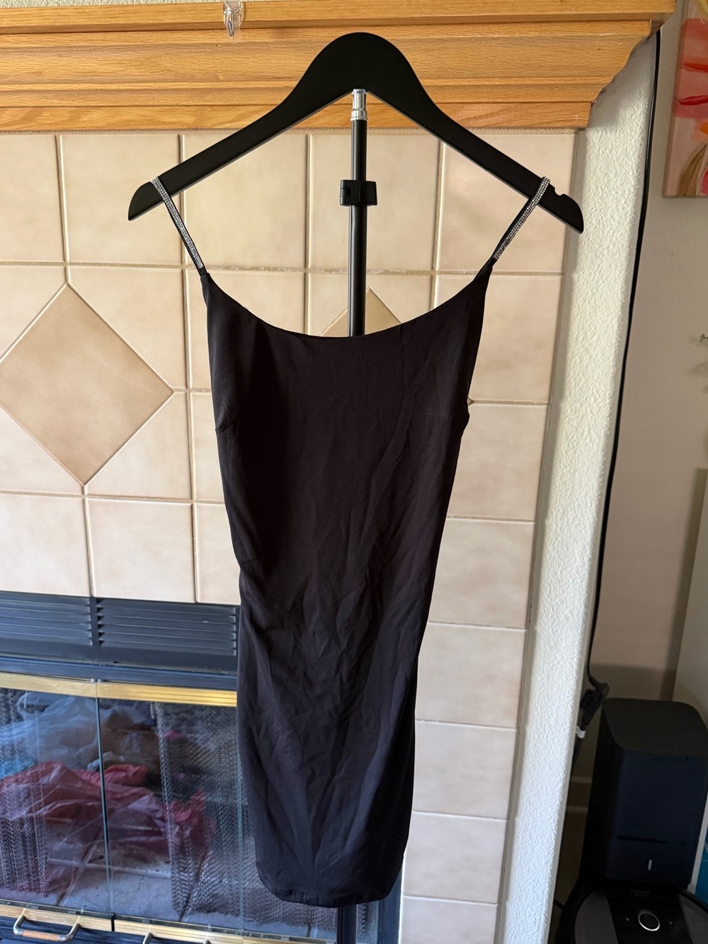 iris Black Mini Slip Dress with Silver Straps